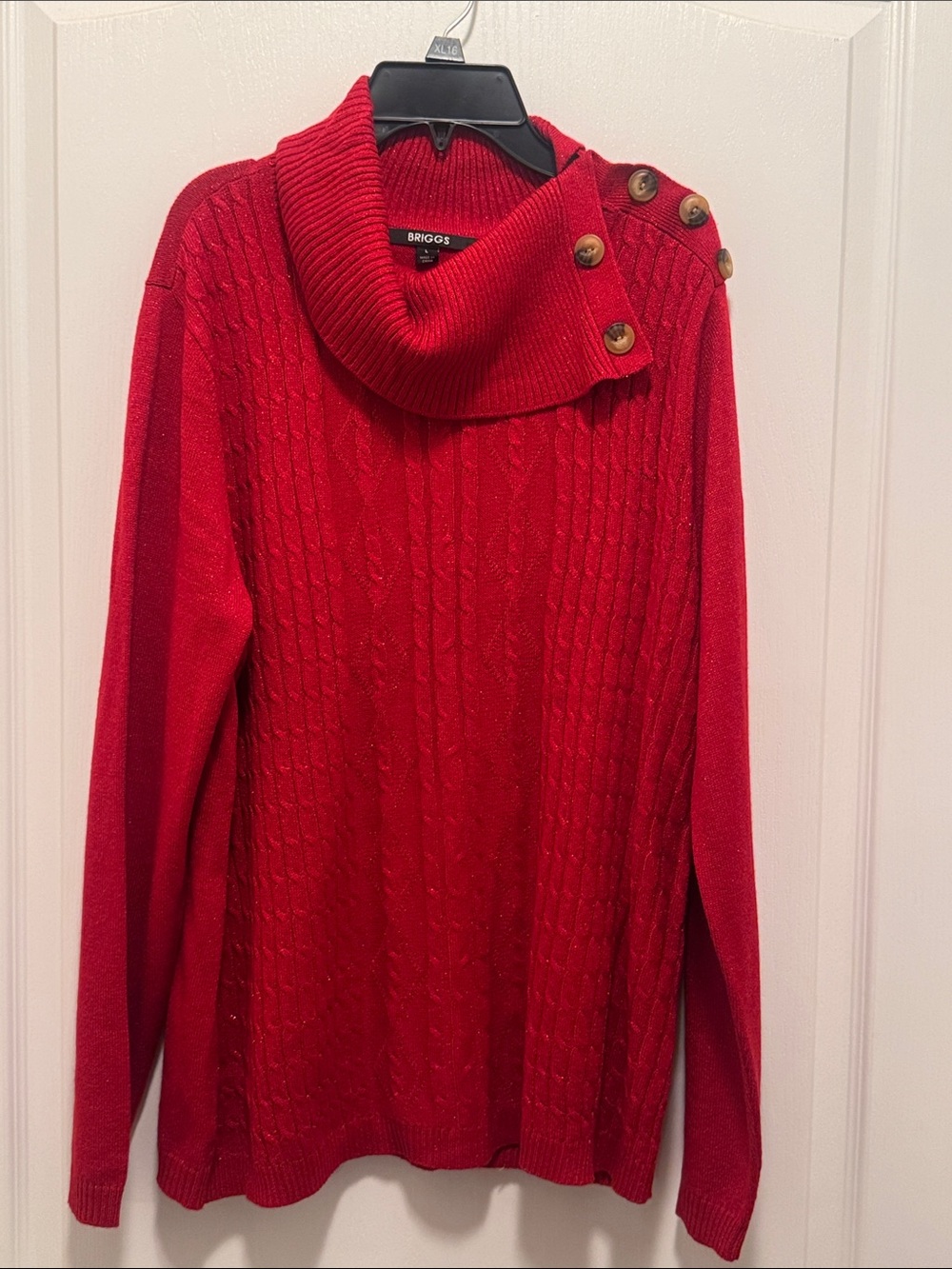 Briggs New York Red Cable-Knit Cowl Neck Sweater with Button Shoulder Women’s L